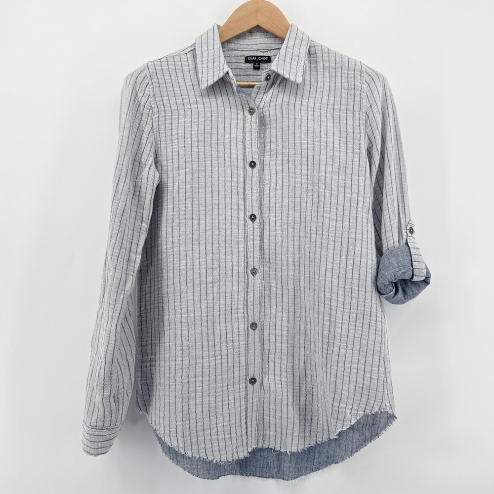 DEAR JOHN Womens Gauzy Striped Button Down Shirt Small Roll Tab Sleeve Raw Hem